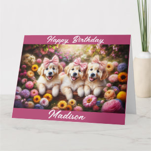 Tre Golden Retriever-valpar med blommor Kort