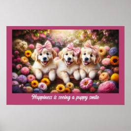 Tre Golden Retriever-valpar med blommor Poster