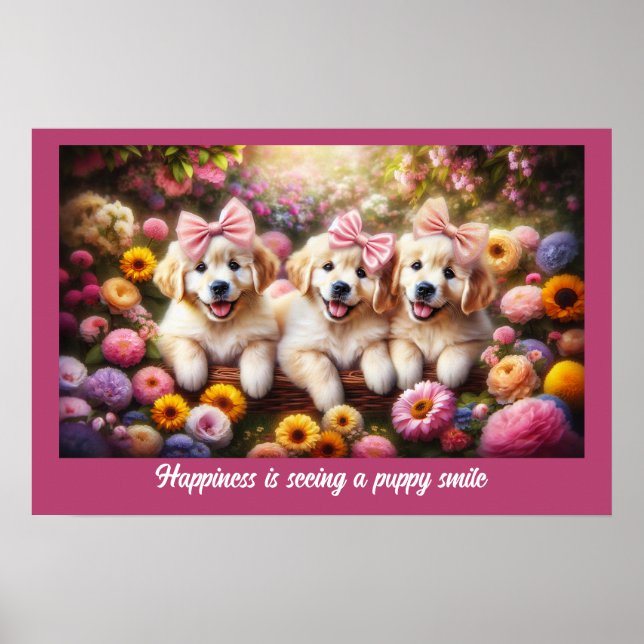 Tre Golden Retriever-valpar med blommor Poster (Framsidan)