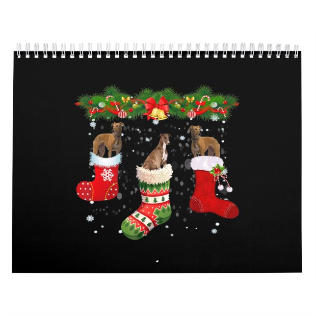 Tre Greyhound Hund i Sock jultomten Kalender (Omslag)