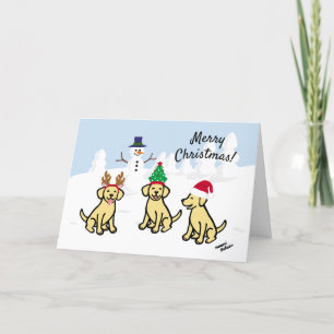 Tre Gulter Labradors och Snögubbe jul Helgkort