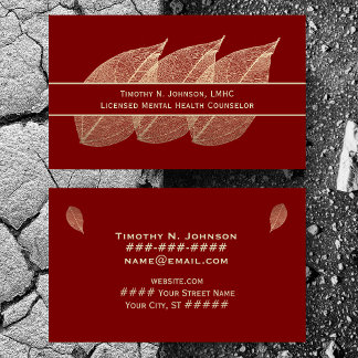 Tre gyllene blad på vinrött Rådgivare Terapeut Visitkort