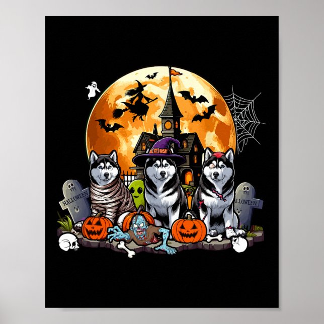 Tre Halloween Huskies som skräckvälde Mummy Zomb Poster (Framsidan)