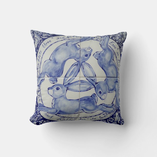 Tre Hares Rabbit Blue & White Medallion Bird Kudde (Framsida)