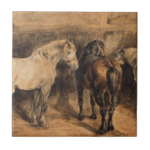 Tre hästar i sin stallar