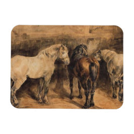 Tre hästar i sin stallar magnet