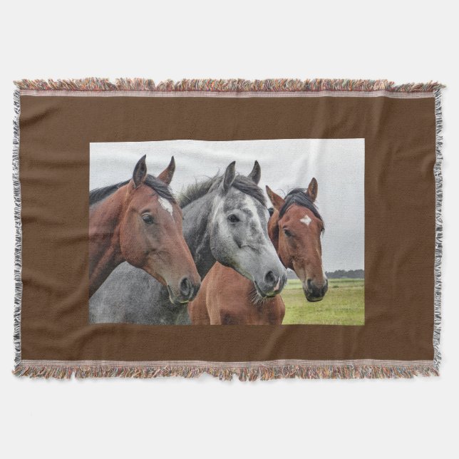 Tre hästhuvudets Throw Blanket Equestrian Horse Filt (Framsidan)