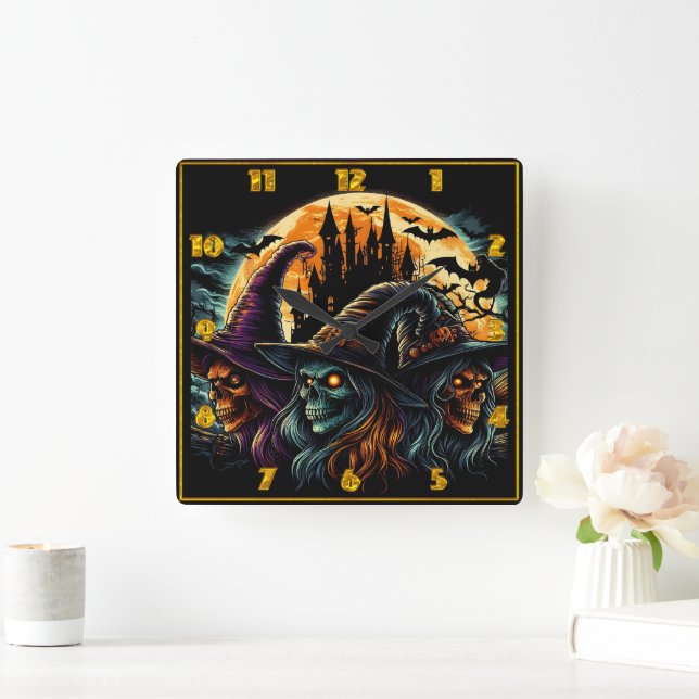 Tre häxor samlas under ett glättande fullt måne fyrkantig klocka (Hem)