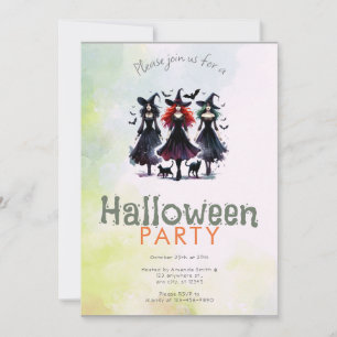 Tre häxor Svarta katter Fladdermöss Halloweenfest Inbjudningar