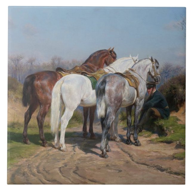 Tre hingstar (av Rosa Bonheur) Kakelplatta (Framsidan)