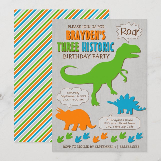 Tre historiska dinosaurier Tredje födelsedagsinbju Inbjudningar (Fram/baksida)