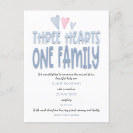 Tre hjärtan en familj Blå Baby Pojke Födelse Meddelande Vykort