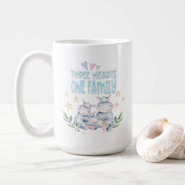 Tre hjärtan En familj Cute Hippos Blue Kaffemugg (Med munk)