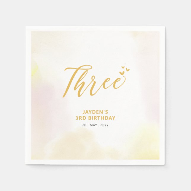 Tre | Hjärter och vattenfärger Gult 3:e födelsedag Pappersservett (Framsidan)