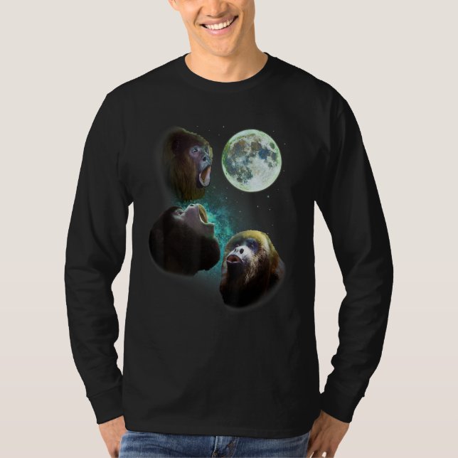 Tre Howler Monkey Howl vid Måne 3 Wolfs Varg F T Shirt (Framsida)
