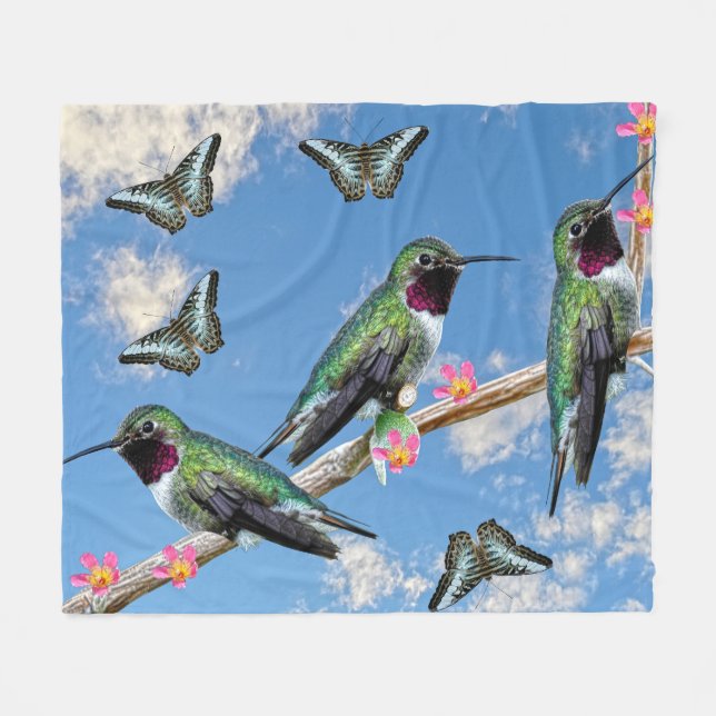 Tre Hummingbird på en gren Floss Silt Fleecefilt (Framsidan (Horisontell))