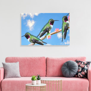 Tre Hummingbird på gren av en blomma Canvastryck