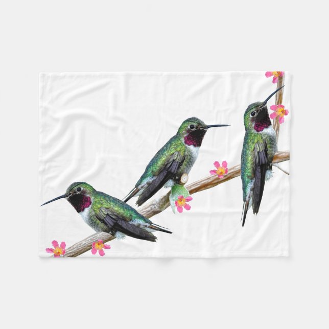 Tre Hummingbird på gren av en blomma Fleecefilt (Framsidan (Horisontell))