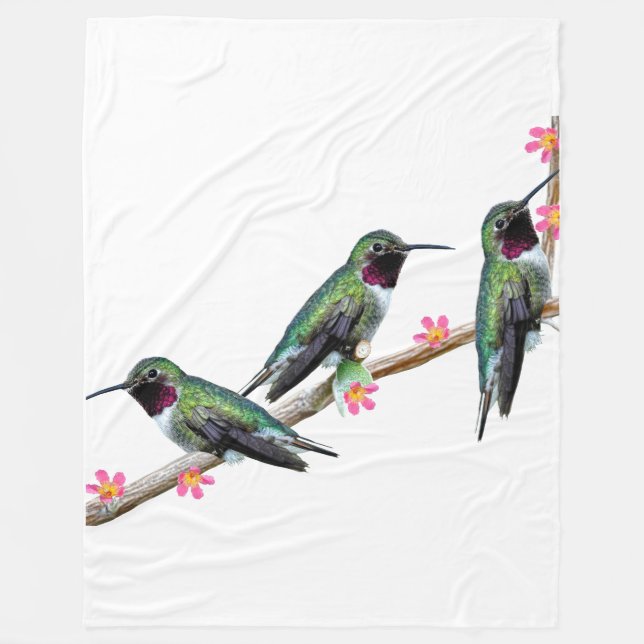 Tre Hummingbird på gren av en blomma Fleecefilt (Framsidan)