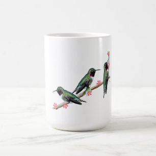 Tre Hummingbird på gren av en blomma Magisk Mugg