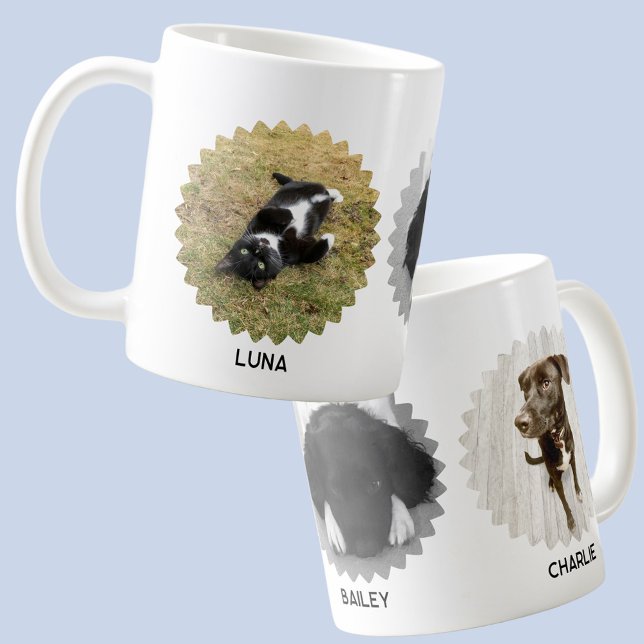 Tre husdjur Vågig kant Foto Collage Namn Kaffemugg (Modern wavy frame three pet photo collage custom names coffee mug for animal lovers)