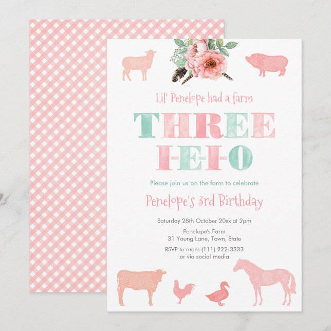 TRE-IEIO, Old MacDonald Girl 3rd Birthday Party Inbjudningar (Fram/baksida)