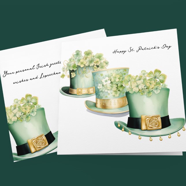 Tre irländska St patrick's day Leprechaun Hats Kort (Three different Leprechaun top hats in green and gold on customizable St Paddy's Day cards.)