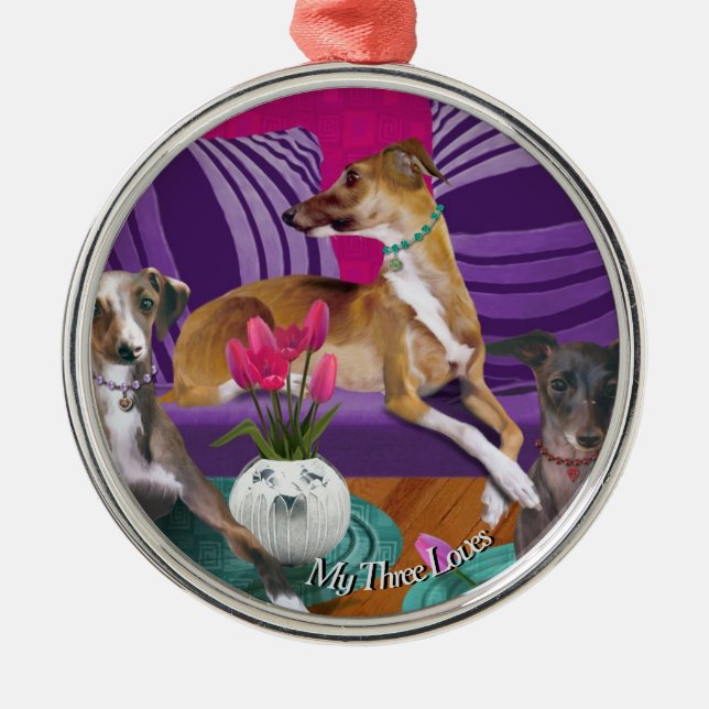 Tre italienska Greyhounds Porträtt Art Ornament (Framsidan)