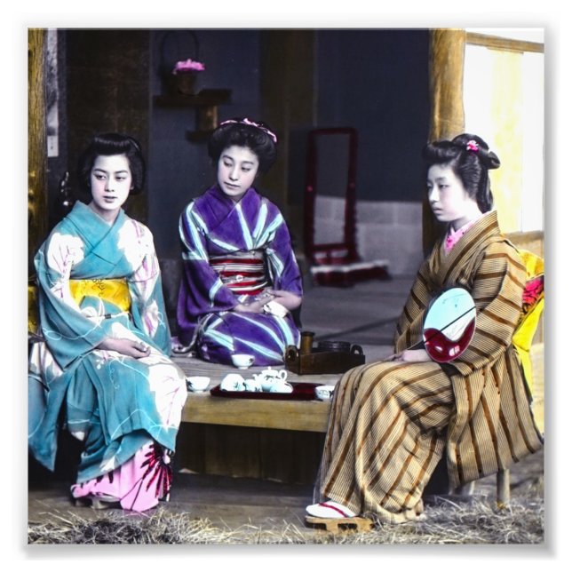 Tre japanska geisha-Vintagen Gamla Japan Fototryck (Framsidan)