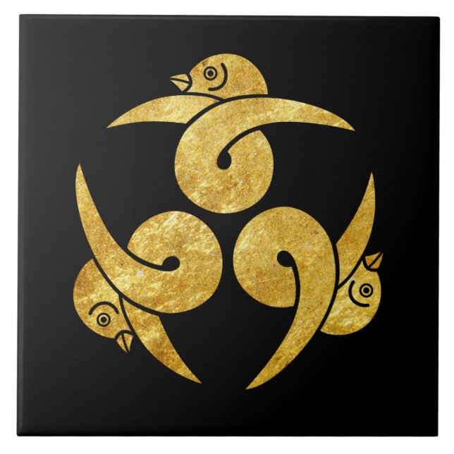 Tre japanska Kamon Faux guld på svart Kakelplatta (Framsidan)