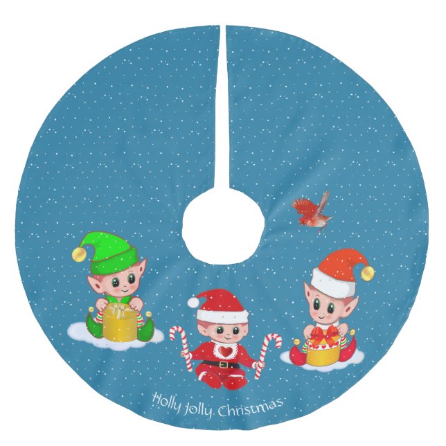 Tre julalver på safirblå julgransmatta borstad polyester (Framsidan)