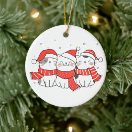 Tre julklappar i hattar och scarfar julgransprydnad keramik