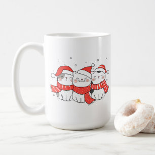 Tre julklappar i hattar och scarfar kaffemugg