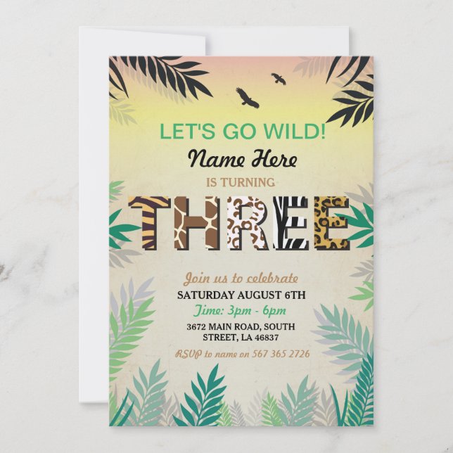 TRE Jungle 3:e födelsedagen Party Safari ZOO Inbju Inbjudningar (Framsida)