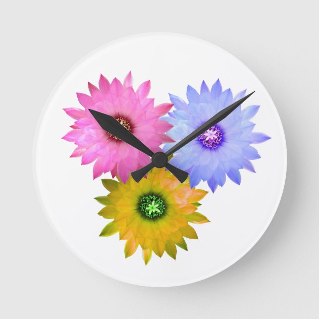 Tre kactusblommor rund klocka (Framsida)