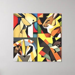 Tre kaniner och en Lejon geometrisk Abstrakt Art Canvastryck