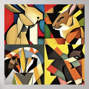 Tre kaniner och en Lejon geometrisk Abstrakt Art Poster
