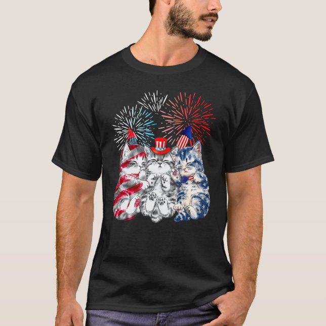 Tre katt 4 juli amerikanska Flagga Patriotic Cat T Shirt (Framsida)
