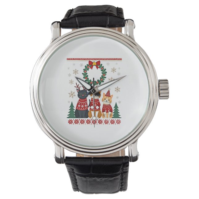 Tre Katt Rolig Jul Katt Fula Xmas Tröja Mig Armbandsur (Framsida)