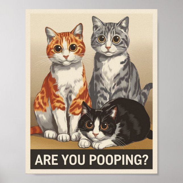 tre Katter & en Fråga Bajsar du? Rolig Katt Poster (Framsidan)