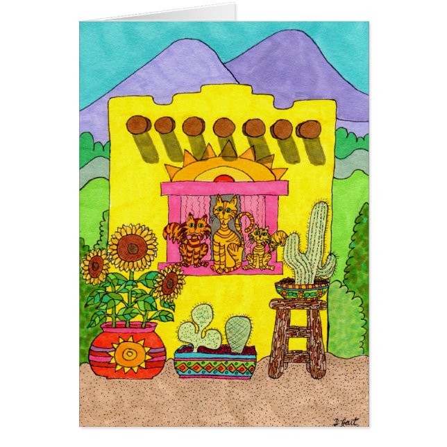 Tre katter i en Gult i Adobe House Hälsningskort (Framsidan)