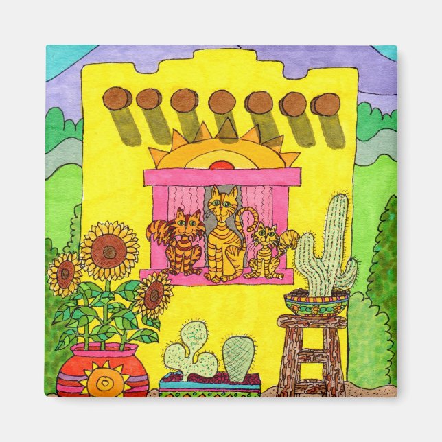 Tre katter i en Gult i Adobe House Magnet (Framsidan)