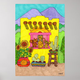 Tre katter i en Gult i Adobe House Poster