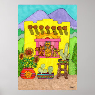 Tre katter i en Gult i Adobe House Poster