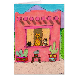 Tre katter i ett Rosa Adobe House Hälsningskort