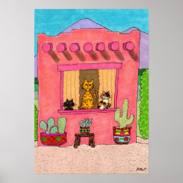 Tre katter i ett Rosa Adobe House Poster