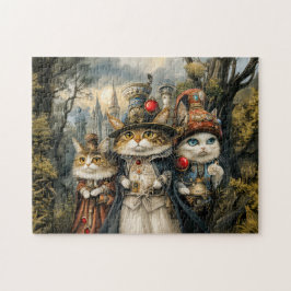 Tre katter i Steampunk-fantasy-skog Pussel