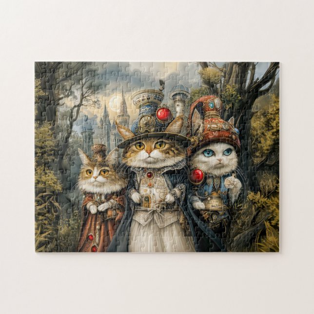 Tre katter i Steampunk-fantasy-skog Pussel (Horisontell)