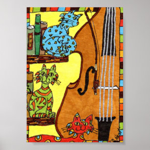 Tre katter med Bass Fiddle Mini Folk Art Poster