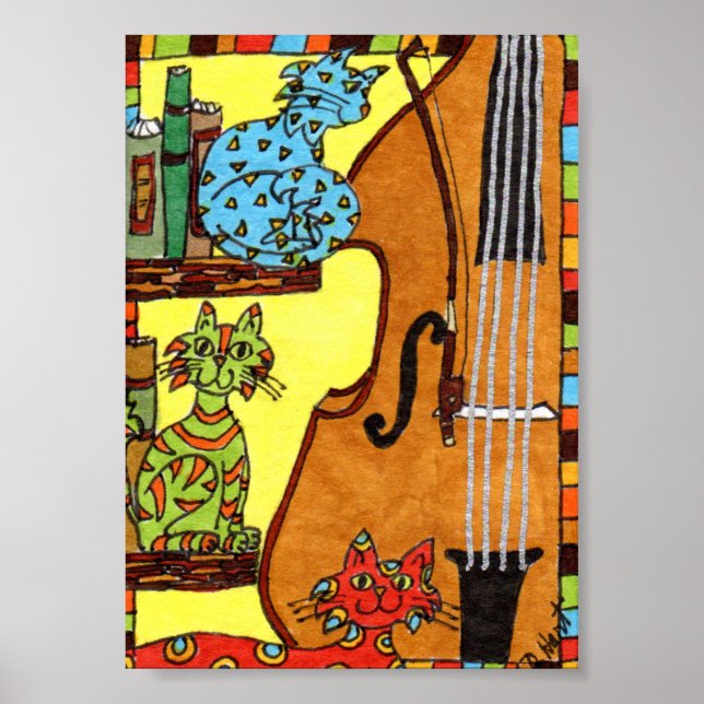 Tre katter med Bass Fiddle Mini Folk Art Poster (Framsidan)